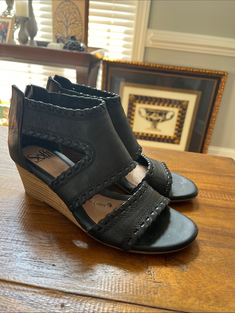 Sofft Black Leather Braided Trim Wedge Sandals